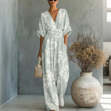 Load image into Gallery viewer, Women's Waist-Cinched V-Neck Printed Wide-Leg Jumpsuit