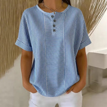 Load image into Gallery viewer, Women's Striped T-Shirt – V-Neck, Button Detail, Loose Fit