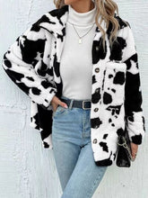 Load image into Gallery viewer, Trendy Black White Cozy Cow Print Collared Neck Button Up Fuzzy Jacket Modern & Warm Outerwear