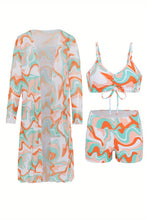 Load image into Gallery viewer, Luxe Lines 3-Piece Geometric Bikini Set for Women – High Rise Drawstring Bikini with Boxer Shorts & Long Sleeve Sheer Kimono Cover-Up – Bold & Breezy Women’s Swimwear for Summer Beach Pool & Getaways