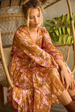Load image into Gallery viewer, Flower Print Satin Lurex Stripe Smocked Midi Summer Dress – Elegant Midi Dress, Satin Lurex Dress, Floral Dress, Smocked Waist Dress, Romantic Midi Dress, Special Occasion Dress