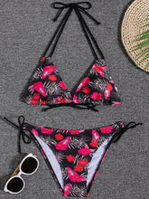 Load image into Gallery viewer, Sunset Bloom 2-Piece Triangle Bikini Set for Women – Vibrant Random Floral Print Halter Neck Swimsuit with Tie-Back Tie-Side Bottoms & High Cut Legs – Women's High-Stretch Swimwear for Summer Beach Escapes