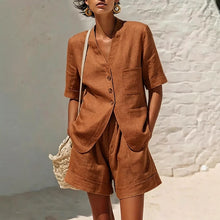 Load image into Gallery viewer, Women's Cotton-Linen Loose-Fit T-Shirt & Cropped Shorts Two-Piece Set
