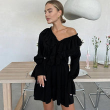Load image into Gallery viewer, V Neck Pleated Ruffle Dress - Y2K Flared Sleeve Short Dress