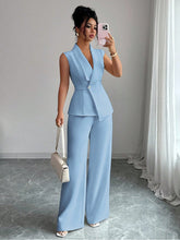Load image into Gallery viewer, Women's Peplum Sleeveless Blazer & Wide-Leg Pants Two-Piece Set