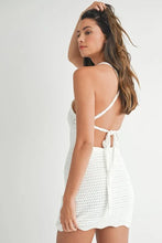 Load image into Gallery viewer, Crochet Crisscross Spaghetti Strap Mini Dress For Summer – Bohemian Crochet Dress, Trendy Crisscross Spaghetti Strap Dress, Flattering, Beach Day Mini Dress, Free-Spirited Summer Dress