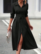 Load image into Gallery viewer, Elegant Black Collared Neck Long Sleeve Midi Shirt Dress Tied and Buttoned Women’s Dress