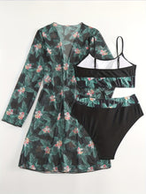Load image into Gallery viewer, Bikini 3 Piece Tropical Print Swimsuit Set – High Stretch Comfortable Women's Bikini with Crew Neck Mesh Cover-Up – Chic Vacation Beachwear for Summer Casual Style & Poolside Glamour