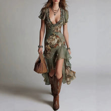 Load image into Gallery viewer, Women's Vintage Oil Painting Print Bubble Sleeve A-Line Midi Dress | Ruffle Irregular Hem Dress