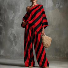 Load image into Gallery viewer, Women's Retro Striped Batwing Top & Wide-Leg Pants Set – Vintage 2-Piece