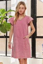 Load image into Gallery viewer, Mineral Washed V-Neck Ruffled Cap Sleeve Dress – Trendy, Comfortable, Playful, Unique Wash For Any Occasion