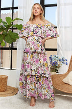 Load image into Gallery viewer, Layered Floral Off-Shoulder Short Sleeve Maxi Dress – Elegant Off-Shoulder Maxi Dress with Layered Floral Pattern for a Romantic Look