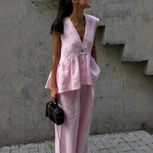 Load image into Gallery viewer, Women’s Cotton V-Neck Sleeveless Vest and Wide-Leg Pants Set