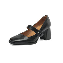 Load image into Gallery viewer, Women's Sheepskin Mary Jane Heels – Square Toe Chunky Heel Buckle Pumps