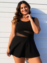 Load image into Gallery viewer, Women's Plus Size Swimdress — Black Mesh Cutout Waist & Flared Skirt
