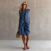 Load image into Gallery viewer, Women's Linen Shirt and Shorts Set – Sleeveless Summer Two-Piece