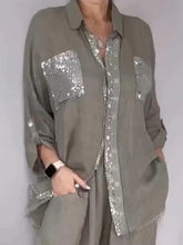 Load image into Gallery viewer, Women's Sequin Pocket Button-Up Shirt & Wide-Leg Pants Set