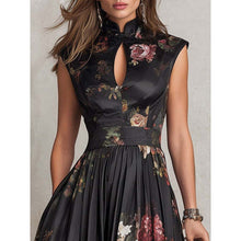 Load image into Gallery viewer, Women's Black 3D Floral Print Mandarin Collar Sleeveless Maxi Dress