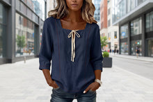 Load image into Gallery viewer, Printed Lace-Up Square-Neck Shirt – Three-Quarter Sleeve, Ramie