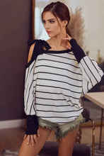 Load image into Gallery viewer, BiBi Stripe Yarn Dye Waffle One Shoulder Women's Top with Ribbon Detail