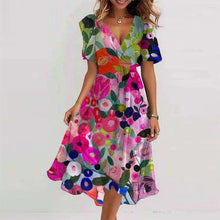 Load image into Gallery viewer, Floral Print A-Line Dress – V-Neck Short Sleeve Midi Dress