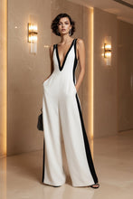 Load image into Gallery viewer, Women's Deep V-Neck Contrast Panel Wide-Leg Jumpsuit