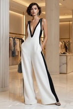 Load image into Gallery viewer, Women's Deep V-Neck Contrast Panel Wide-Leg Jumpsuit