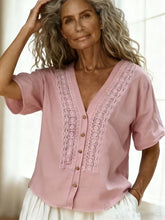 Load image into Gallery viewer, Women's Loose-Fit Faux Linen Embroidered Button-Up Top