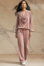 Load image into Gallery viewer, Women's Gold Velvet Cowl Neck Drop-Shoulder Top & Wide-Leg Pants Set – 8 Colors