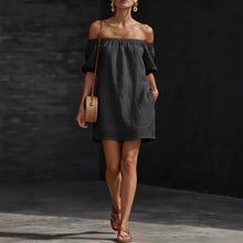 Load image into Gallery viewer, Women's Cotton-Linen Off-Shoulder Puff-Sleeve Loose Mini Dress