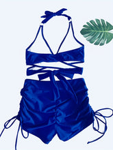 Load image into Gallery viewer, Coastal Curve Halter Bikini Set for Women – V-Neck Crisscross Drawstring Swimsuit with Chic Ring Detail & High-Waisted Boxer Shorts for Summer – Sleek Two-Piece Nylon Swimwear for Women’s Beach & Poolside Style