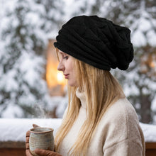 Load image into Gallery viewer, Wool Pleated Cuffed Knit Beanie – Flat Top Grid Pattern Winter Hat