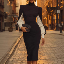 Load image into Gallery viewer, Elegant High Neck Color Block Sheath Dress with Side Slit