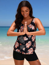 Load image into Gallery viewer, Tropical Floral Tankini & Boyleg Shorts Set – Women's Black Pink 2-Piece Swimsuit
