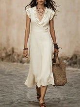 Load image into Gallery viewer, Women's V-Neck Cotton-Linen Flutter-Sleeve Ruffle-Trim Midi Dress