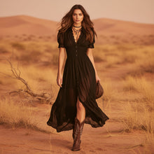 Load image into Gallery viewer, Women's Short Sleeve Bodycon Maxi Dress | Ruffled Hem Side Slit Dark Chic Dress in Black