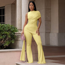 Load image into Gallery viewer, Women's Crew-Neck Pleated Ribbon Flare Jumpsuit