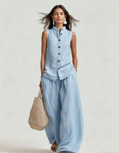 Load image into Gallery viewer, Women's Stand Collar Sleeveless Top & High-Waist Wide-Leg Pants Set