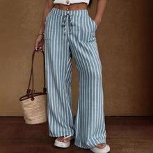 Load image into Gallery viewer, Women's Striped Wide-Leg Trousers – Lace-Up Elastic Waist Loose Fit