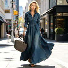Load image into Gallery viewer, Women's Dark Blue Denim Shirt Collar Button-Down High Waist Maxi Dress
