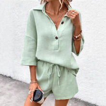 Load image into Gallery viewer, Women's Notch-Lapel Short-Sleeve Top & Belted Shorts Two-Piece Set