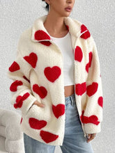 Load image into Gallery viewer, Cute Heart Zip Up Drop Shoulder Furry Jacket Cozy & Trendy Cold-Weather Essential Warm Soft Winter Jacket For Your Girl