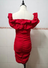 Load image into Gallery viewer, Women Black Off Shoulder Ruched Layered Ruffles Bodycon Dress