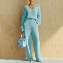 Load image into Gallery viewer, Women's Fluffy V-Neck Oversized Sweater & Wide-Rib Wide-Leg Knit Trouser Set