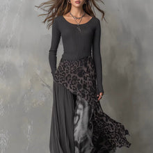 Load image into Gallery viewer, Women's Leopard Print Ribbed Knit Maxi Dress – Long Sleeve High Waist Full Skirt