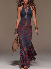 Load image into Gallery viewer, Women's Floral Print Halter Neck Deep V Lace Trim Mermaid Maxi Dress