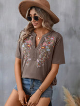 Load image into Gallery viewer, Women's Floral Embroidered Notched V-Neck T-Shirt – Short Sleeve Boho Lace Trim Top