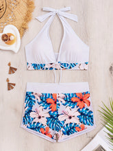 Load image into Gallery viewer, Bikini Floral Halter Neck 2 Piece Swimsuit for Women – Elegant Backless Bikini Set with Tie-Neck Bow and High Waist Shorts Bottoms – Stretchy and Comfortable Summer Swimwear for Beach Pool and Vacation