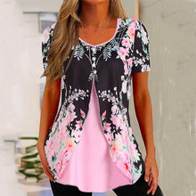 Load image into Gallery viewer, Women’s Printed Faux Two-Piece V-Neck Short Sleeve Top