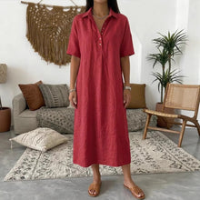 Load image into Gallery viewer, Women's Linen Blend Short Sleeve Polo Neck Maxi Dress